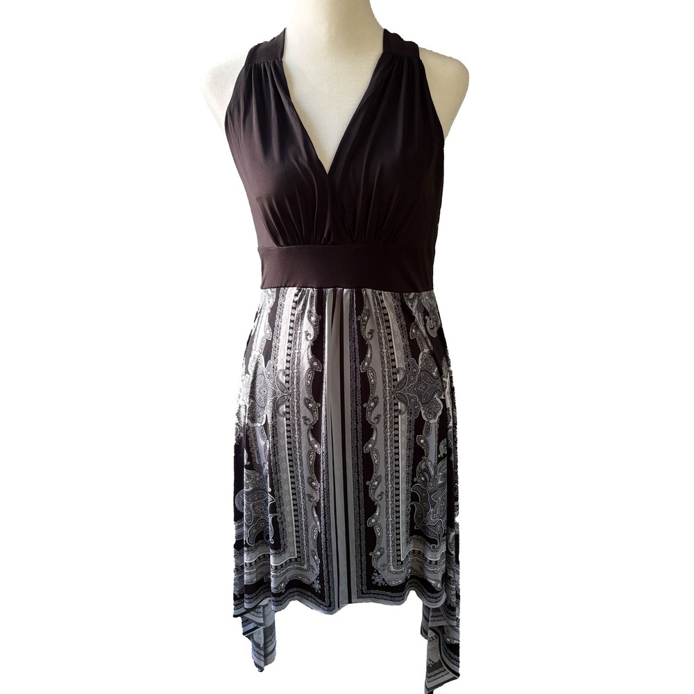 Medium Halter‎ Dress MUSA USA Black Paisley Handkerchief Hem V Neck Size Med y2k